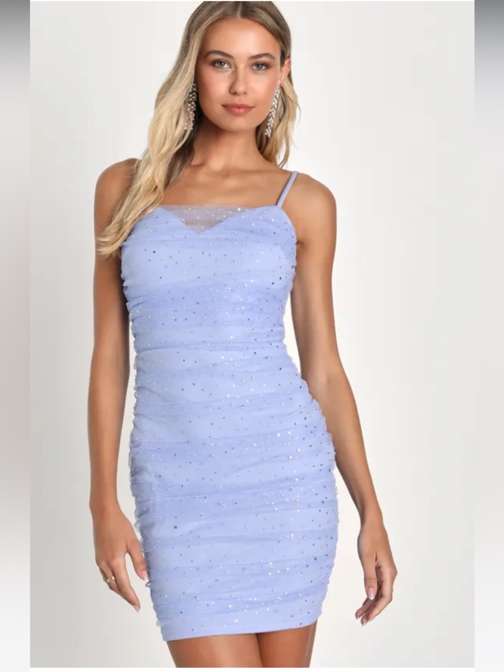 Lulus Club Chic Periwinkle Sequin Mesh Ruched BodyCon Mini‎ Dress EUC Medium